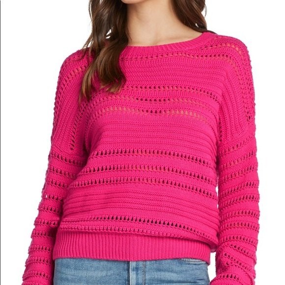 Willow and Clay Sweater. OPEN WEAVE STRIPE SWEATER IN MAGENTA 50% Cotton - Picture 1 of 7